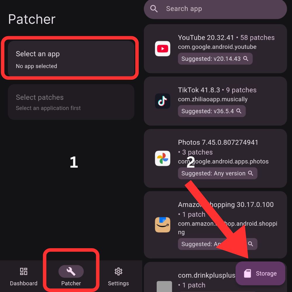 ReVanced Manager - Select YouTube APK from storage