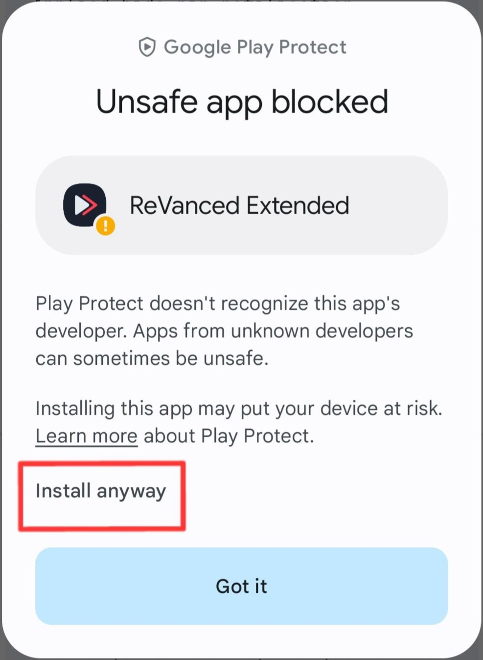 ReVanced Manager - Install anyway prompt