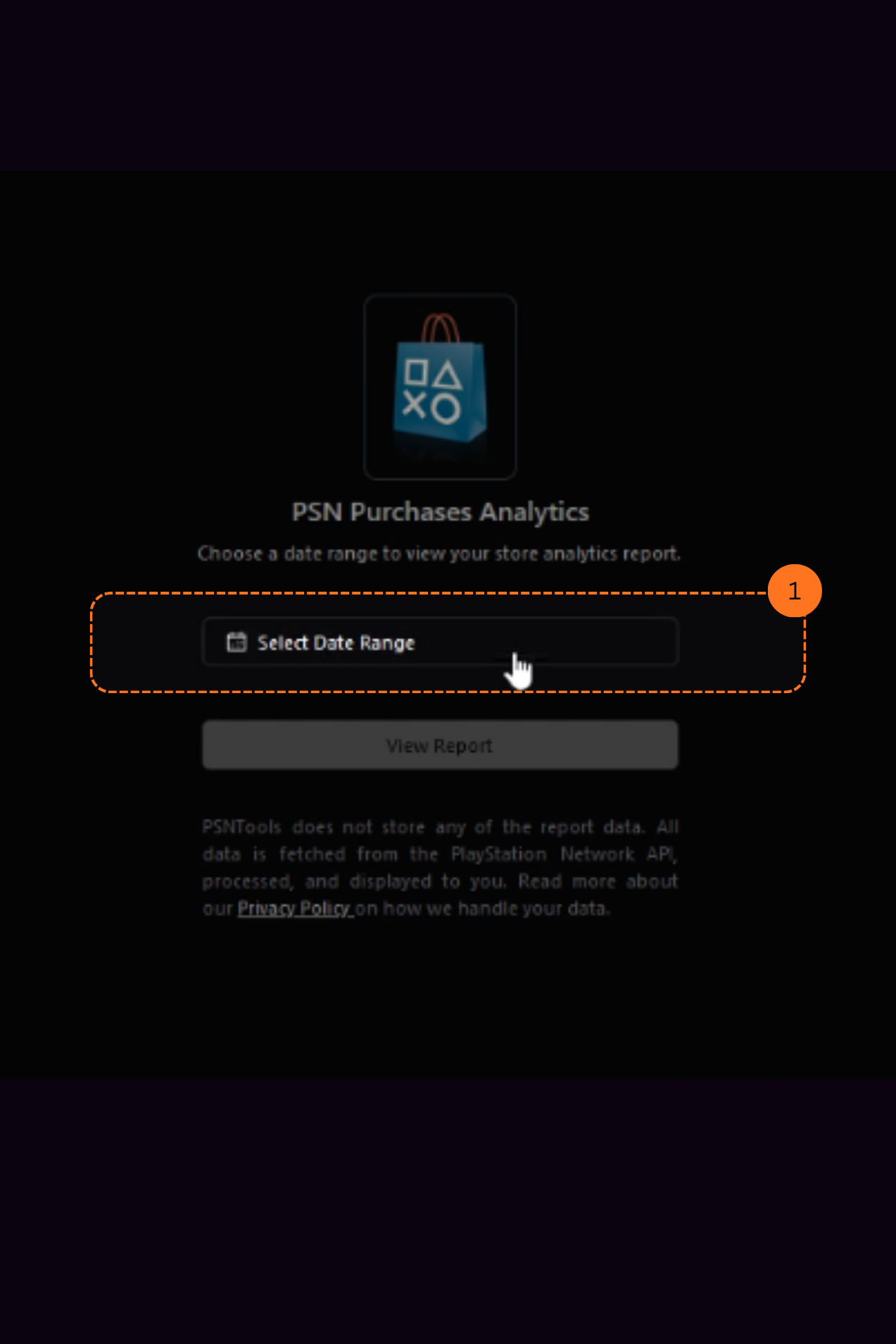 PSN Purchase Analytics homepage with select date range button