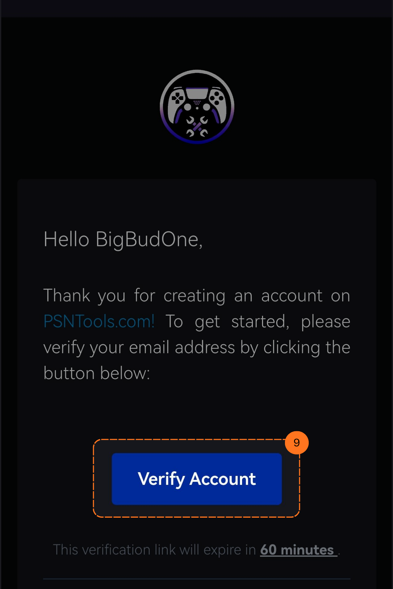 PSNTools verification email in inbox, click Verify Account
